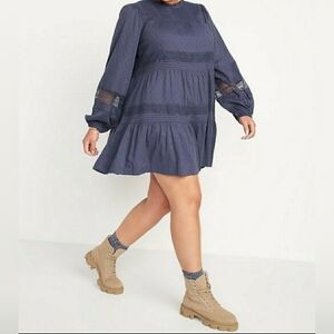 Old Navy Blue Pintuck Clip Dot Lace Tiered Mini Swing Long Sleeve Dress Size 3X